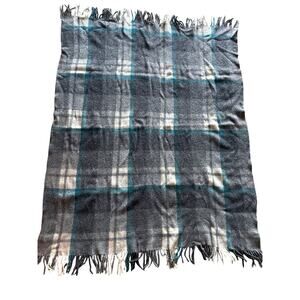 Vintage Pure Lana Wool Gagalis Teal Gray and Ivory Tatersall Plaid Fringe Throw